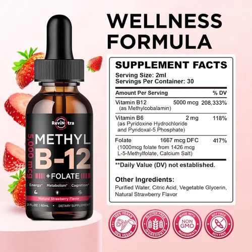 Vista 7 de Gotas líquidas de vitamina B12, vitaminas B12 de 5000 mcg, suplemento de complejo de vitamina B con metilcobalamina B12 sublingual, vitamina B6