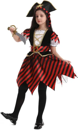 Vista 4 de Disfraz de pirata, disfraz de Halloween para niñas, disfraz de princesa bucanera con accesorios de lujo, regalos de cumpleaños