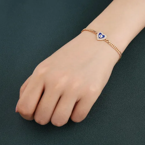 Vista 3 de HZMAN Pulsera de ojo turco chapada en oro rosa de 14 quilates para mujeres y niñas, pulsera de protección de la suerte, pulsera ajustable