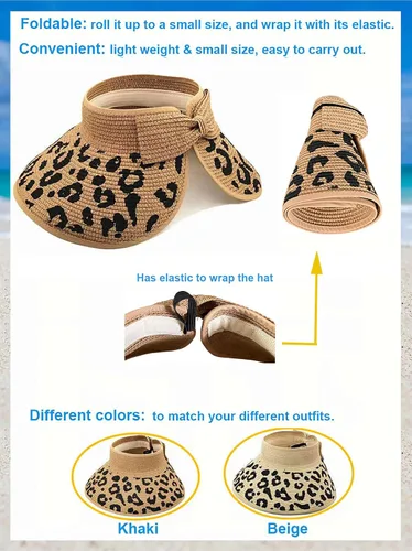 Vista 5 de Sombrero de paja con protección UV, visera de playa, sombrero de ala ancha, estampado de leopardo, enrollable, plegable para mujer