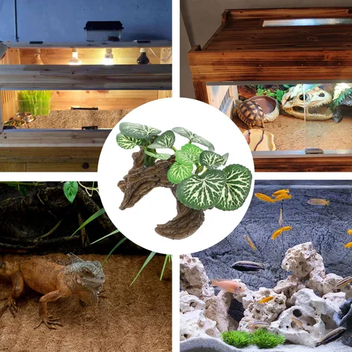 Vista 5 de Ipetboom Plantas de acuario, decoraciones de pecera, rama de esquina de reptil, rama de árbol trepador de resina con hojas, decoración de tanque