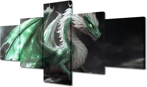 Vista 50 de Lienzo decorativo para pared de sala de estar, lienzo de dragón, 5 paneles, dragón verde, decoración de pared para el hogar, decoración de pared