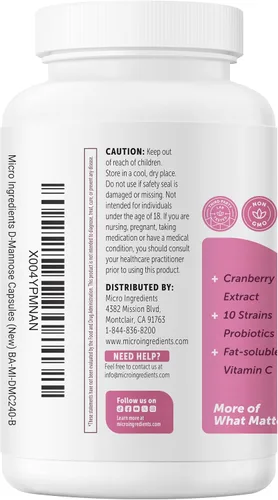Vista 9 de Pure D Manosa 1,300 mg con arándano rojo y probióticos, 240 cápsulas vegetales Salud del tracto urinario para mujeres Más 1 millón de UFC mezcla