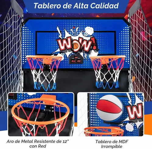 Vista 7 de GYMAX Juego de baloncesto arcade plegable para interiores con 8 modos de juego, sonido de arcade, 4 bolas y bomba de inflado, juegos de baloncesto