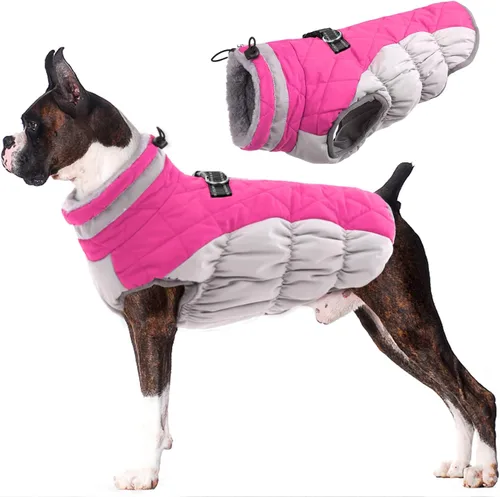 Vista 24 de Lelepet Abrigo cálido para perro, abrigo de invierno para perro, chaqueta impermeable para perros con arnés integrado reflectante de forro polar