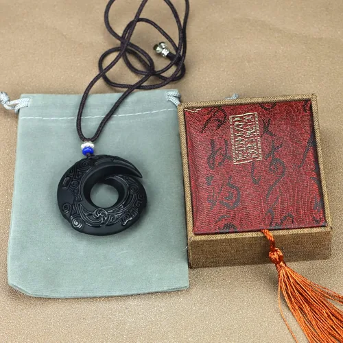 Vista 9 de caiyufeng Natural Boutique - Colgante de obsidiana de la suerte con cadena de cuentas joyería para hombre colgante de jade color negro Madera