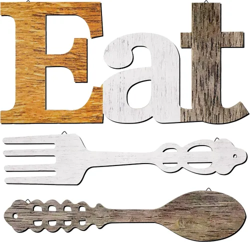 Vista 8 de Jetec Juego de letrero de "Eat", decoración de pared con tenedor y cuchara, decoración de madera rústica, lindas letras "Eat" para cocina y hogar