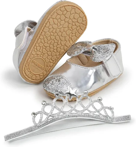 Vista 4 de Zapatos planos Mary Jane para bebé con diadema de lazo, vestido de princesa floral para bebé, suela suave, zapatos de cuna antideslizantes