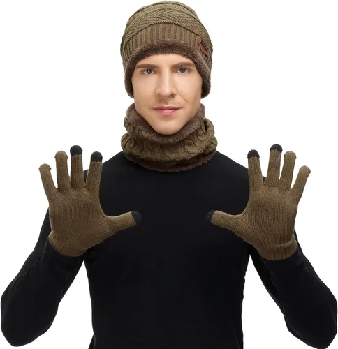 Vista 5 de Zando Beanie Hats - Juego de calentador de cuello de forro polar grueso con forro polar para pantalla táctil, sombreros de invierno para hombres