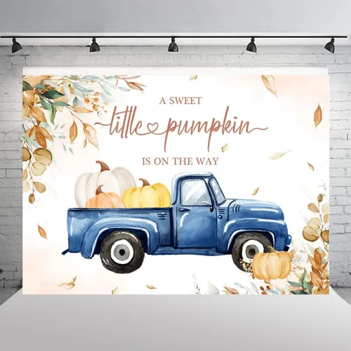 Vista 4 de Decoraciones de otoño para baby shower de calabaza para niño, A Sweet Little Sweet Pumpkin is On The Way, telón de fondo con texto en inglés "It's a