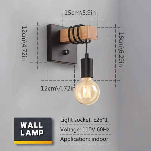 Vista 3 de Lightess - Aplique de pared industrial regulable negro con interruptor de encendido y apagado Dimmable On/Off Switch, Vintage Edison Style, Black