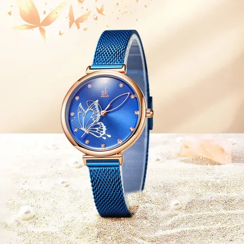 Vista 2 de SHENGKE Relojes simples analógicos de malla para mujer, correa de acero inoxidable, regalo para aniversario