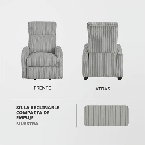 Vista 8 de Lexicon Sillón Reclinable de Pana con Respaldo Empujable Sillón Butaca Reclinable de Empuje hacia Atrás, Marco de Madera Sólida y Base de Metal Gris