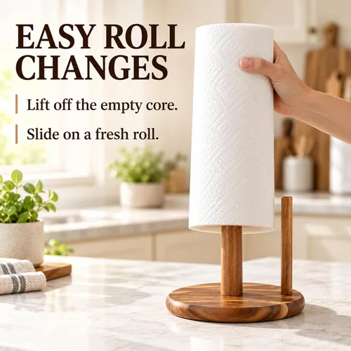 Vista 6 de Soporte para toallas de papel de madera de acacia, soporte para Toallero de papel antideslizante para cocina, baño, mesa de comedor, fácil