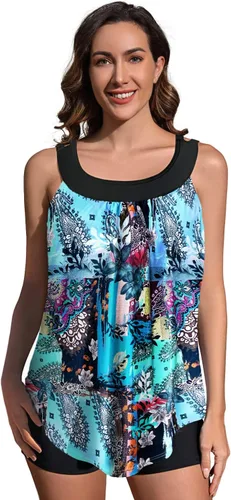 Vista 4 de REKITA Trajes de baño tankini fluidos para mujer, trajes de baño tankini para traje de baño de dos piezas, camiseta sin mangas con pantalones cortos