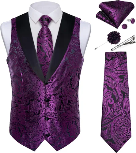 Vista 15 de DiBanGu Chaleco de traje de cachemira para hombre, chaleco jacquard de seda y corbata, chaleco formal de cuello de chal, 7 piezas para fiesta