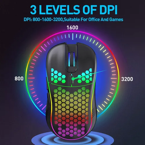 Vista 4 de JYCSTE Ratón inalámbrico para juegos, mouse ergonómico de computadora recargable, diseño de panal con retroiluminación RGB, receptor USB, 6 botones