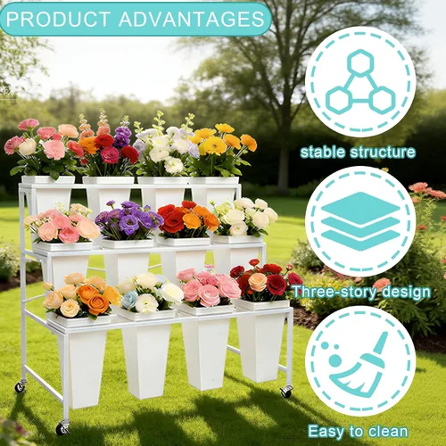 Vista 7 de Soporte de exhibición de flores de 3 niveles, soporte móvil de metal para plantas con 12 cubos, carrito de flores con ruedas, adecuado