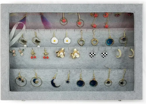 Vista 4 de Organizador de almacenamiento de pendientes de terciopelo de hielo con tapa transparente grande, caja de joyería, soporte para aretes, vitrina gris