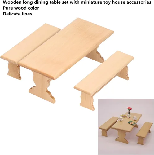 Vista 7 de Juego de mesa y banco de madera para casa de muñecas a escala 1:12, muebles de casa de muñecas en miniatura, mesa de comedor larga para sala