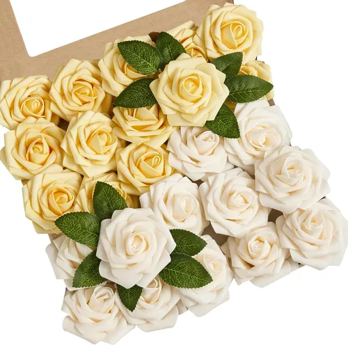 Vista 27 de Flores artificiales, 25 piezas, rosa artificial azul bebé para ramos de boda, centros de mesa, arreglos, flor falsa con tallos para decoración
