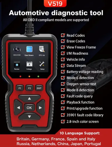 Vista 4 de Outzone Escáner V519 OBD2, lector de código universal para automóvil con pantalla a color de 2.8 pulgadas, 10 idiomas y función de impresión