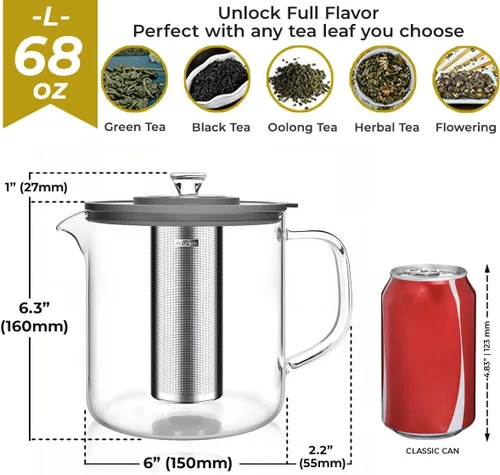 Vista 4 de Aquach Tetera de vidrio de 68 onzas con infusor – Apta para estufa y lavavajillas, tetera de vidrio de borosilicato sin plástico para té de hojas
