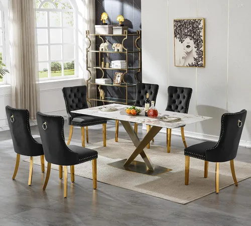 Vista 11 de Juego de 5 mesas de comedor, juego de mesa de cocina y comedor para 4, mesa de cocina rectangular de mármol sintético blanco de 47 pulgadas con base