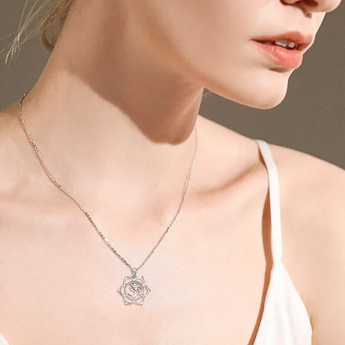 Vista 6 de YAFEINI Om Necklace Yoga Lotus Flower Pendant Aum Om Ohm Necklace Sterling Silver Indian Yoga Jewelry Inspirational Gifts for Mom Women
