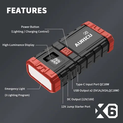 Vista 3 de X6 1600A Jump Starter Paquete de refuerzo de batería de litio de 12 V, caja de salto portátil, banco de energía y cables de puente para motores