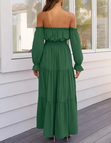 Vista 67 de ZESICA - Vestido largo, bohemio y sexy, con hombros descubiertos y manga larga fruncida, con elástico fruncido, cintura alta y abertura lateral