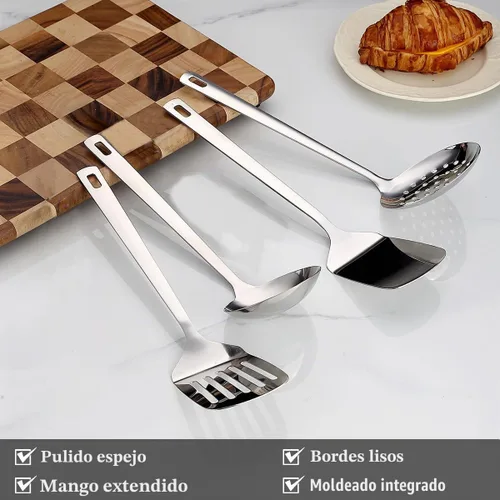 Vista 3 de Juego de utensilios de cocina de acero inoxidable, 4 piezas, espátula ranurada, espátula sólida, espumadera y cucharón, resistente al óxido, mango