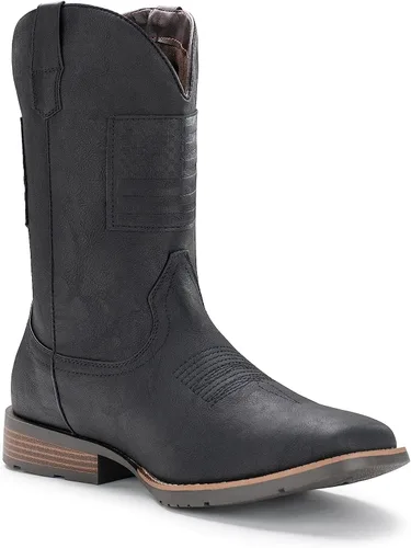 Vista 2 de IUV Botas vaqueras para hombre, botas occidentales tradicionales con bandera estadounidense, retro, punta cuadrada, botas de trabajo de campo