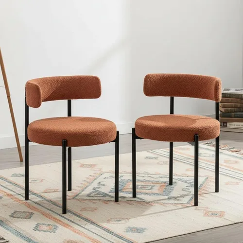Vista 19 de Juego de 2 sillas de comedor Boucle, sillas de comedor beige con asiento tapizado y respaldo redondo, sillas de cocina modernas de mediados de siglo