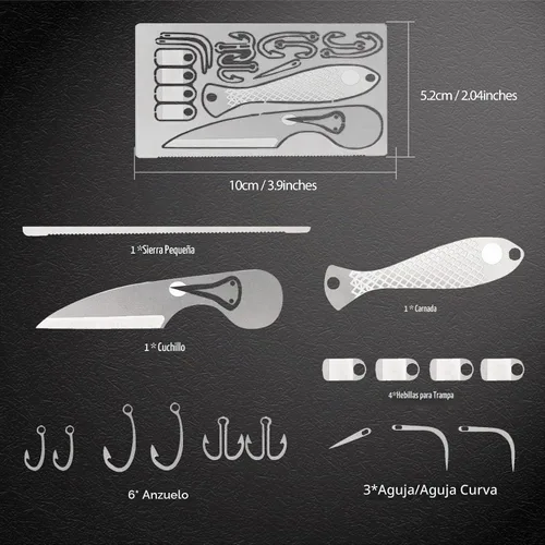 Vista 5 de Hukado Kit de 9 tarjetas de supervivencia multiherramienta para acampar con equipo de línea de pesca, cartera de tarjetas de crédito multiusos