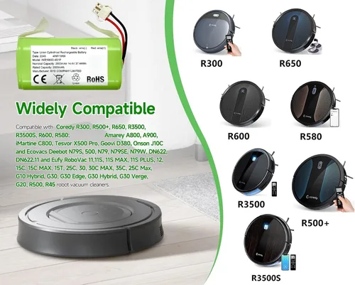Vista 3 de Batería de repuesto compatible con Coredy R500+, R300, R650, R3500, R3500S, R600, R580 y Amarey A800, A900, iMartine C800, Tesvor X500 Pro Robot