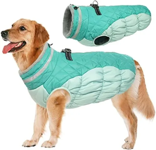 Vista 40 de Lelepet Abrigo cálido para perro, abrigo de invierno para perro, chaqueta impermeable para perros con arnés integrado reflectante de forro polar