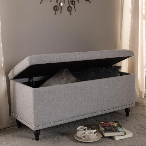 Vista 10 de Baxton Studio Sherrill - Banco otomano tapizado de tela beige grisáceo con botones
