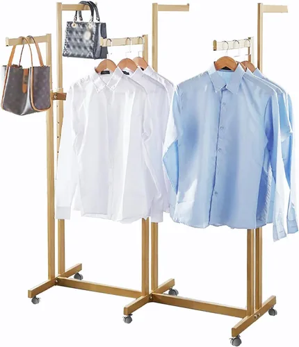 Vista 16 de Perchero de pie de metal para ropa - Estantes de exhibición resistentes para uso comercial con ruedas, perchero de ropa de 6 brazos, perchas