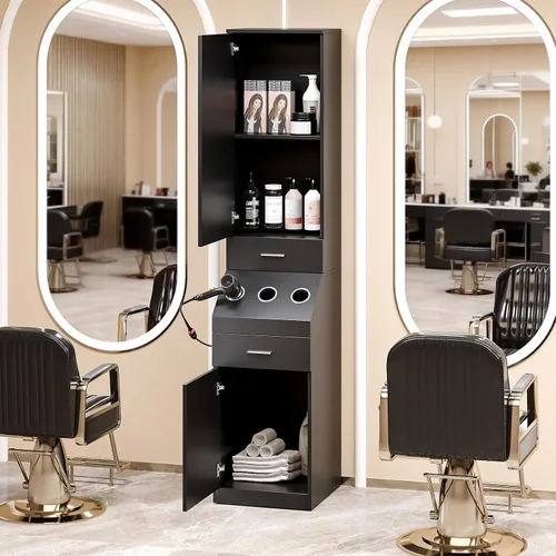 Vista 2 de OmySalon Estación de peluquería, estaciones de peluquería con estante de almacenamiento de 2 niveles con puerta, gabinete de almacenamiento