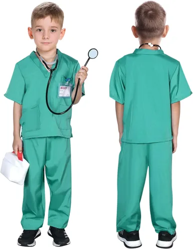 Vista 4 de Disfraz de médico para niños, kit de juego de simulación con abrigo de laboratorio, bolsa de transporte, accesorios de Halloween para niños y niñas