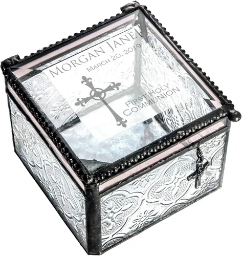 Vista 3 de Regalo de bautismo recuerdo personalizado grabado vintage vitral joyería baratija rosario regalo de bautizo J Devlin caja 631 EB222