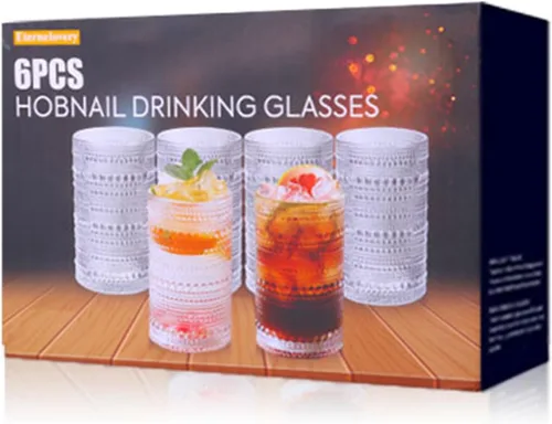 Vista 9 de Juego de 6 vasos de hobnail vintage de 13 onzas, cristalería vintage en relieve transparente para agua, jugo, cóctel, vino, cerveza, whisky