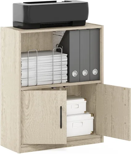 Vista 32 de Furinno Gruen - Estantería pequeña de 2 niveles, estantería con estante abierto y armario de almacenamiento de puertas, 9.3 x 21.8 x 27 pulgadas