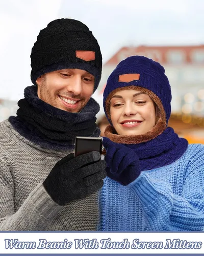 Vista 6 de 12 Pieces Men Women Winter Beanie Hat Scarf Gloves Set Warm Slouchy Beanies Hat Knit Skull Cap Touch Screen Gloves Neck Warmer Gaiter for Men Women