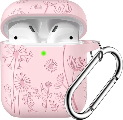 Vista 17 de Lerobo - Funda con grabado de flores para carcasa de AirPod, protector de silicona suave y elegante con llavero compatible con carcasa de carga