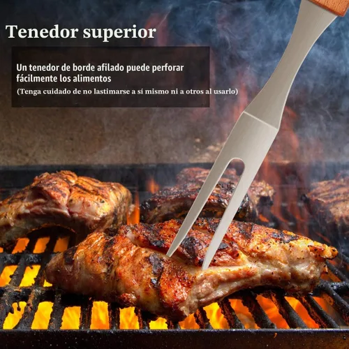Vista 6 de IMAGE - Juego de 4 accesorios de madera para barbacoa, de acero inoxidable, utensilios para asar al aire libre, cocinar, barbacoa en el patio