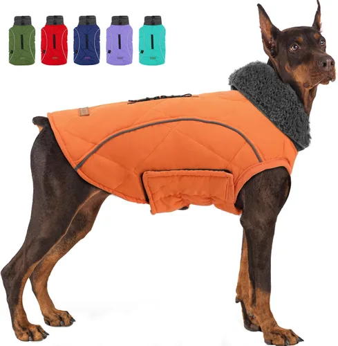 Vista 6 de EMUST Abrigos de invierno para perro, ropa de forro polar para mascotas para clima frío, estilo británico, chaqueta cálida a prueba de viento