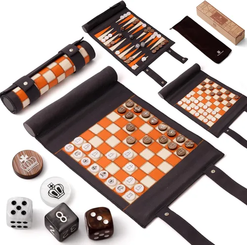 Vista 8 de Woodronic Juego de damas de backgammon de ajedrez de viaje 3 en 1, juego de backgammon de cuero enrollable con 32 piezas de perlas premium y 5