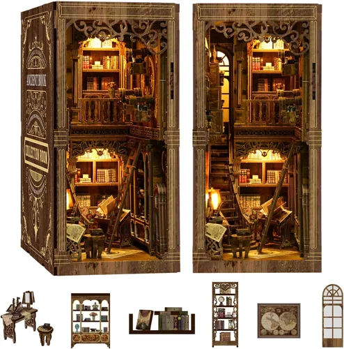 Vista 4 de Kit de rincón de libros de biblioteca antigua, rompecabezas 3D de madera con luz LED, modelo de estantería en miniatura, decoración cultural
